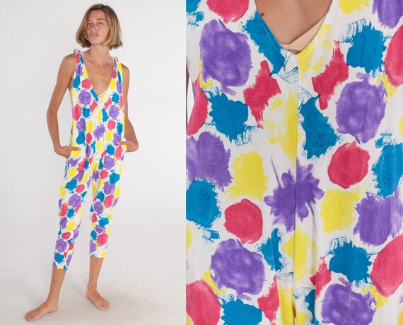 Polka Dot Jumpsuit 90s Tapered Pantsuit Cropped Pants Capri Jumpsuit Sleeveless Romper White Pink Purple Blue Yellow Vintage 1990s Large L Etsy