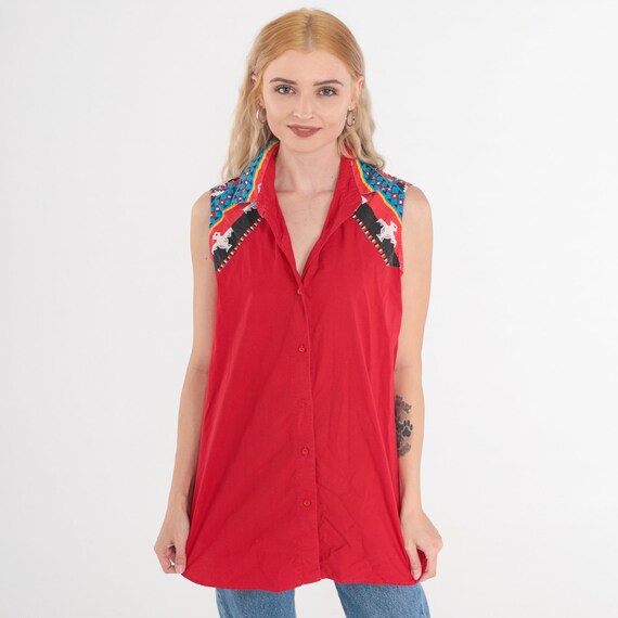 Southwestern Tank Top 90s Red Button up Blouse Southwest Geometric Eagle Print Sleeveless Shirt Retro Summer Top Vintage 1990s Medium Large