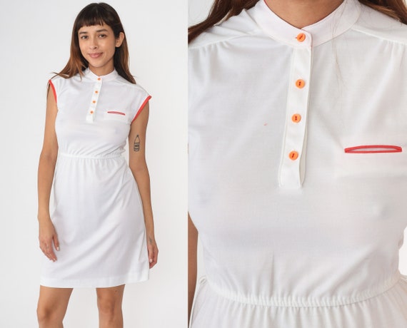 70s White Dress Mini Dress Button Up Cap Sleeve S… - image 1