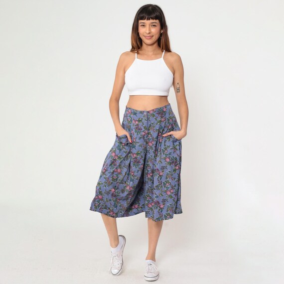 Vintage Baggy Floral Pants 90s Lavender Fruit Print Cropped Culotte Capri Pants Pleated High Waist Casual Trousers Medium M