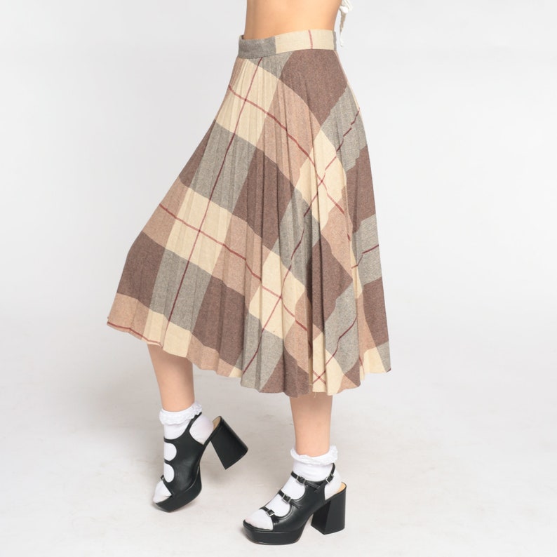 Plaid Midi Skirt 70s Wool Blend School Girl Skirt Tan Checkered Tartan High Waisted Preppy Uniform Brown Retro Vintage 1970s Small S 27 image 6