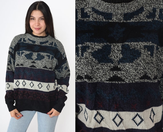 Geometric Sweater 90s Jacquard Pullover Knit Swea… - image 1