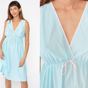 Aqua Blue Slip Dress 70s Nightgown Lingerie Midi Dress Pastel Chemise Deep V Neck Empire Waist Nightie Vintage 1970s Sleeveless Small Medium image 1