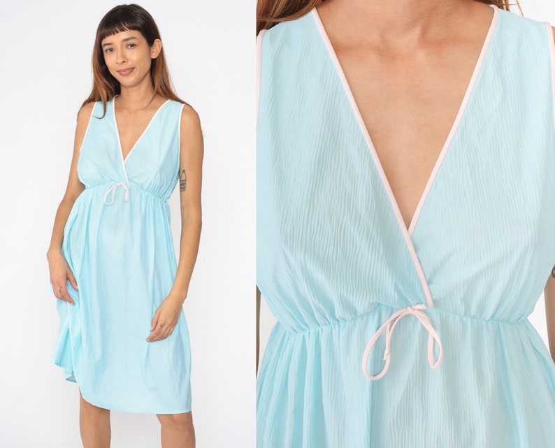 Aqua Blue Slip Dress 70s Nightgown Lingerie Midi Dress Pastel Chemise Deep V Neck Empire Waist Nightie Vintage 1970s Sleeveless Small Medium image 1