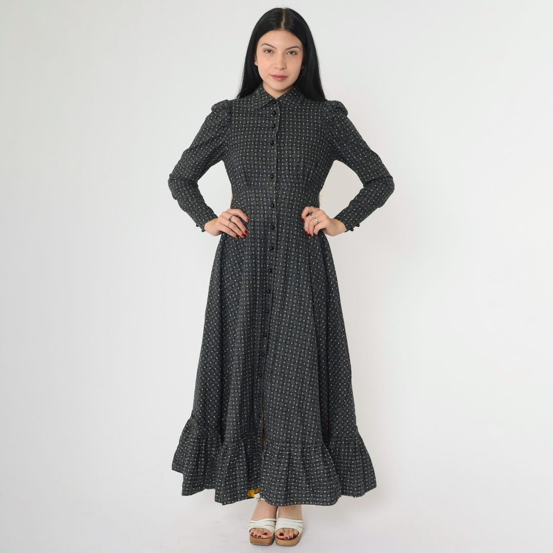 Vintage Floral Prairie Dress 70s Black Maxi Bohemian Button up Boho ...