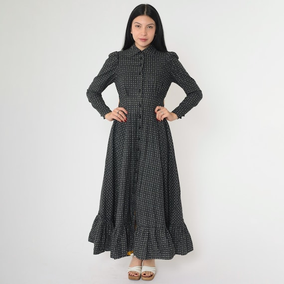 Vintage Floral Prairie Dress 70s Black Maxi Bohemian Button Up Boho High Waisted Long Puff Sleeve 1970s Bohemian Folk Cottagecore Small 4