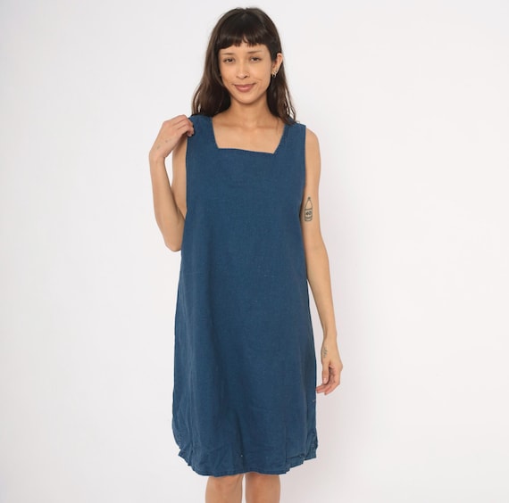 Denim Jumper Dress Navy Shift Dress 90s Square Neck Cotton Minimal Summer Tank Blue Simple Casual Sundress Vintage Portraits Extra Large XL