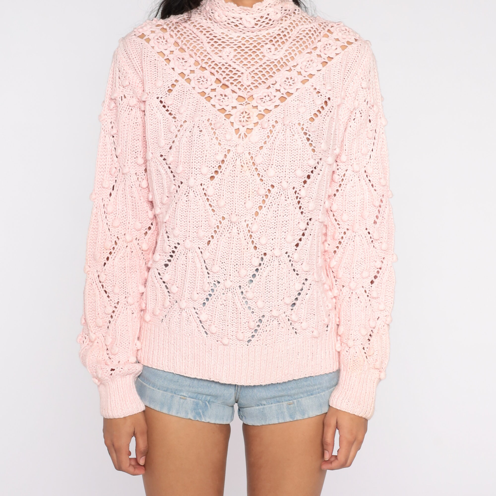 Sheer Baby Pink Sweater 90s Open Knit Crochet Mock Neck Sweater Nubby