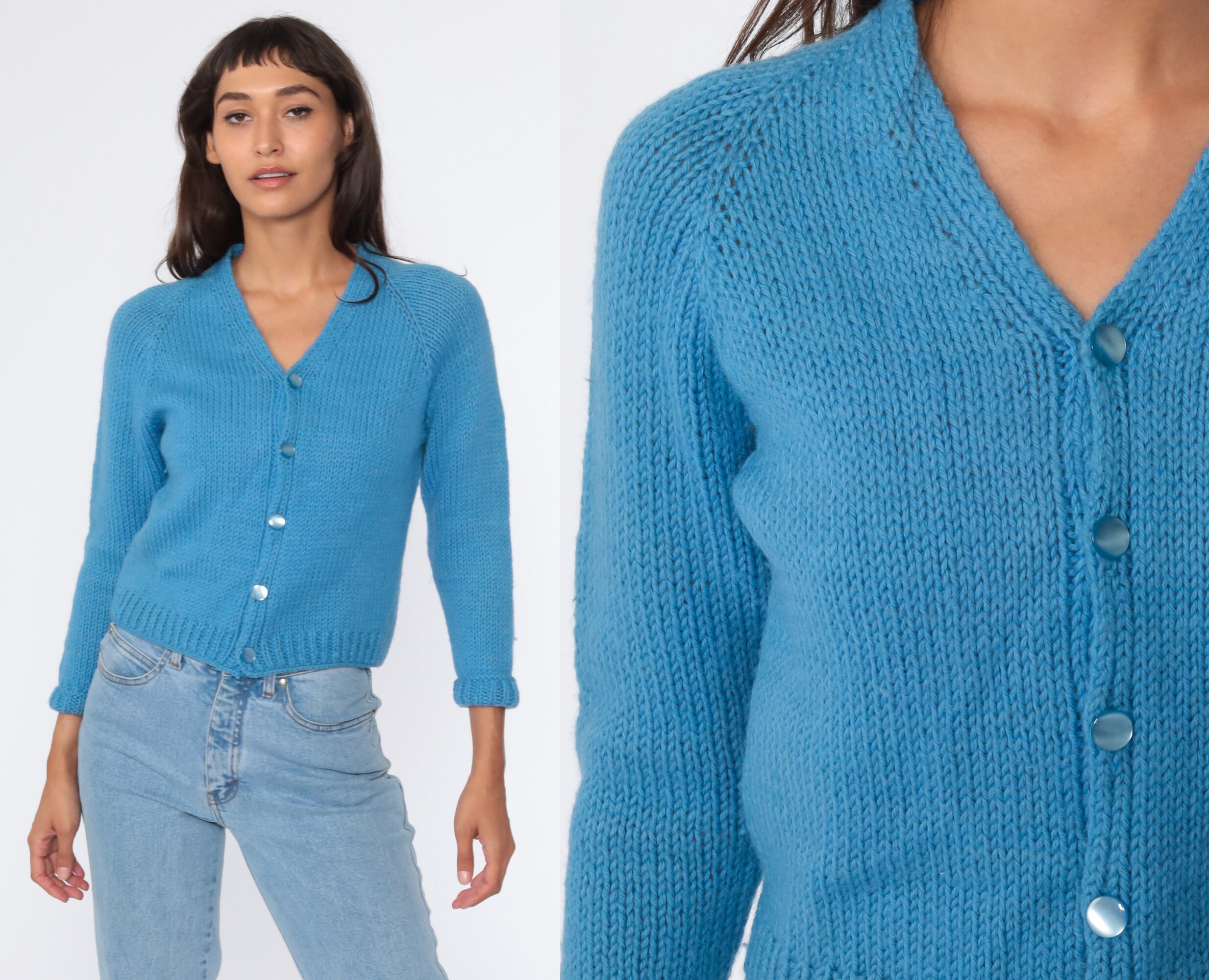 Blue Cropped Cardigan 70s Sweater Plain Cardigan Boho Crop Sweater