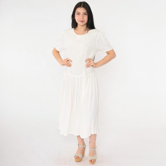 Vintage White Beaded Dress 90s Soutache Pleated Dress Midi Dress Puff Sleeve Low Waist Short Puff Sleeve Small S