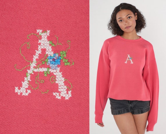 A Sweatshirt 90s Pink Monogrammed Sweatshirt Floral Embroidered Cross Stitch Pullover Crewneck Sweater Retro Monogram Vintage 1990s Large L