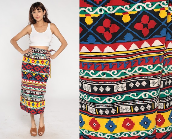 Boho Wrap Skirt 90s Midi Skirt Geometric Aztec Print Hippie Summer Festival Southwestern Red Yellow Blue Vintage 1990s Cotton Medium M