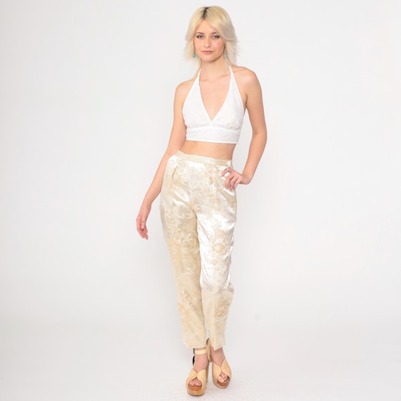 Vintage 90s Brocade Pants Gold Floral High Waisted Jacquard Trousers 1990s Formal Eveningwear Slim Party Pants Straight Leg Extra Small xs