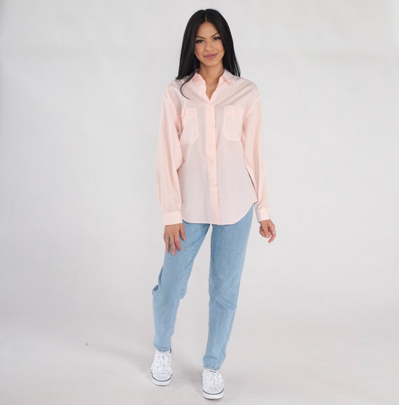 Baby Pink Blouse 90s Semi-Sheer Button Up Top Preppy Collared Shirt Plain Long Sleeve Simple Chest Pocket Vintage 1990s Medium M