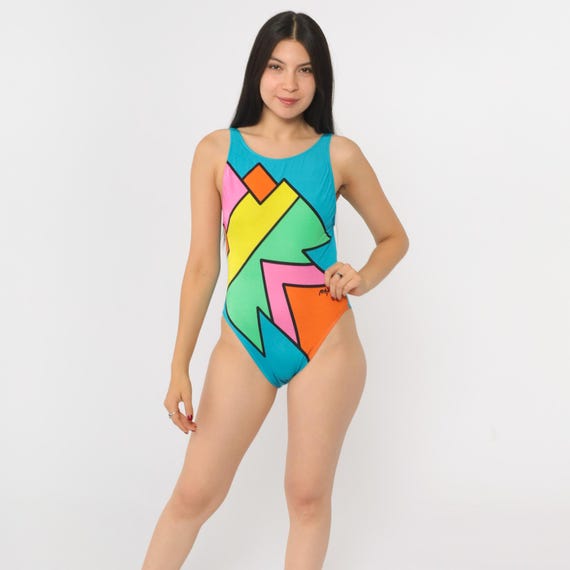 Vintage Peter Max Swimsuit 80s One Piece Colorblock