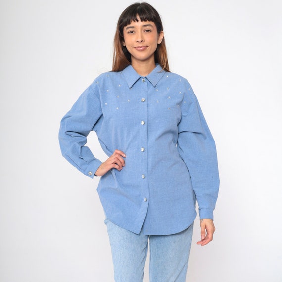 Blue Rhinestone Blouse 90s Button Up Top Embellished Long Sleeve Studded Chambray Shirt Collared Shirt Shirt Vintage 1990s Large