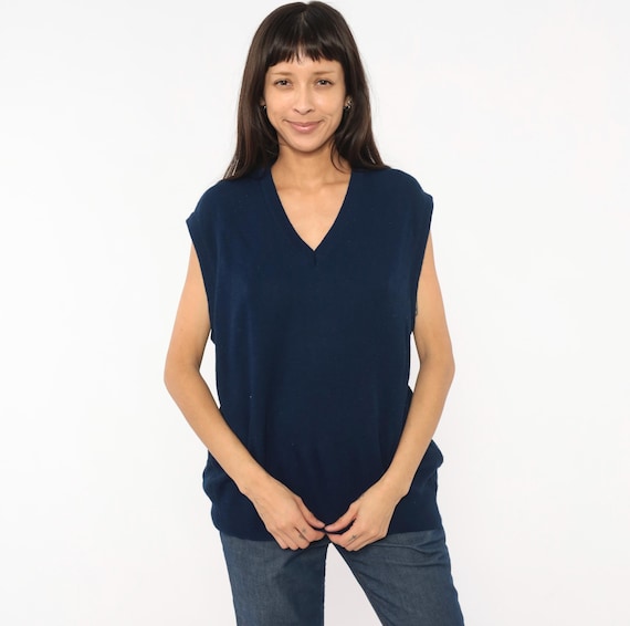 80s Navy Sweater Vest V Neck Knit Sleeveless Pullover Dark Academia Collegiate Preppy Top Blue Janzen Relaxed Fit Unisex Extra Large XL