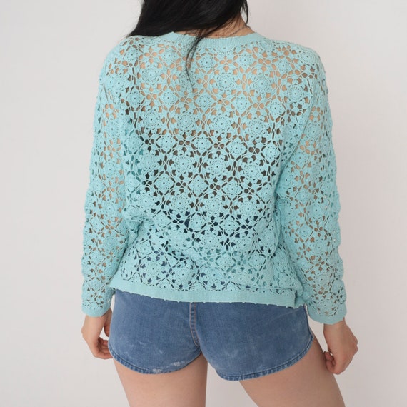 Blue Crochet Cardigan 80s Sheer Floral Knit Sweat… - image 7