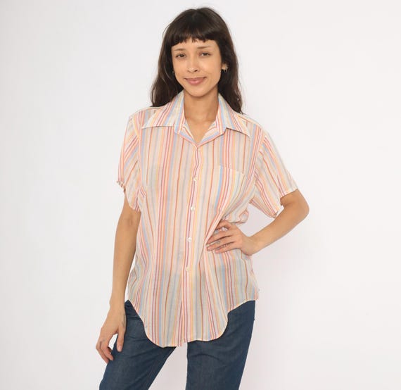70s Striped Camp Shirt Pastel Rainbow Cotton Collar Candy Color Multicolor Summer Beach Relaxed Fit Cream Pink Blue Vintage Medium M