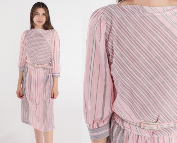 Pink Striped Dress 80s PUFF Sleeve Midi Belted Dress Kawaii Puffy Boatneck High Waisted Hippie Vintage Secretary Grey Blouson Medium 8