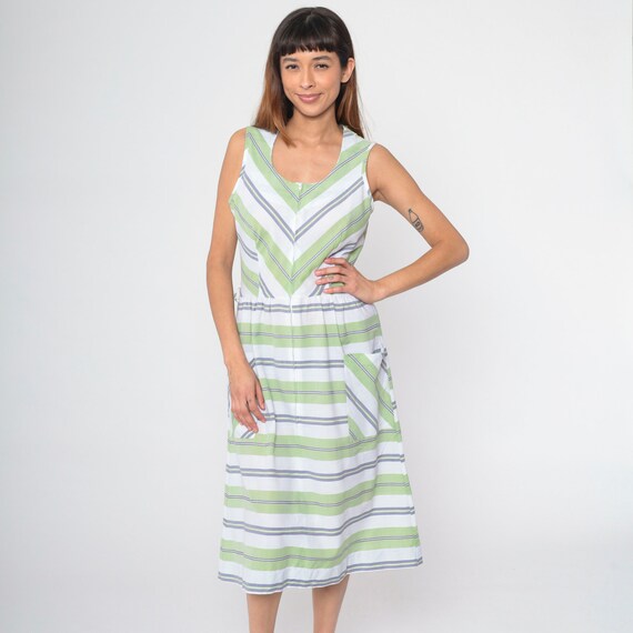 70s Mod Dress Midi White Green Chevron Striped Dress Front Zip Vintage Shift Twiggy 1970s Sleeveless Low Waist Pocket Front Small Medium