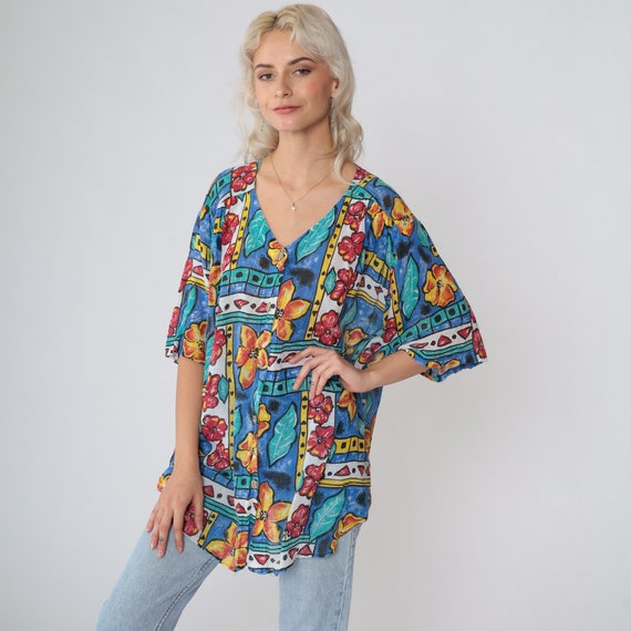 90s Floral Blouse Button Up Shirt Abstract Geometric Flower Print Short Sleeve Top Boho Summer Blue Red Yellow Cotton Vintage 1990s Large L