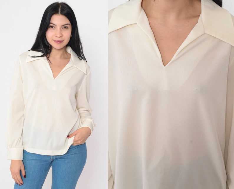 Off-White Blouse 70s Long Sleeve Top Semi-Sheer Shirt Collared V Neck Retro Boho Simple Seventies Long Sleeve Plain Vintage 1970s Medium M image 1