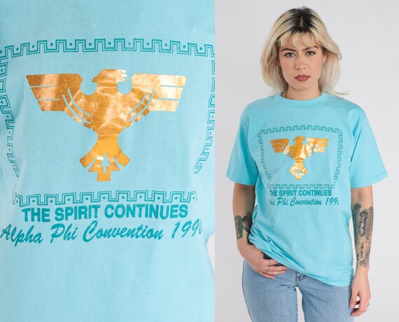 Vintage Alpha Phi Shirt 1990 Sorority Convention T-shirt Metallic Gold Phoenix Graphic University College Single Stitch Blue 90s Medium