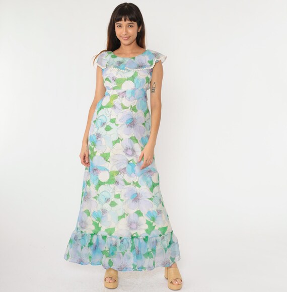 70s Floral Chiffon Maxi Dress Blue Green Ruffle Hem Flower Trim Vintage Boho Party Dress Keyhole Open Back 1970s Flounce Gown Small S
