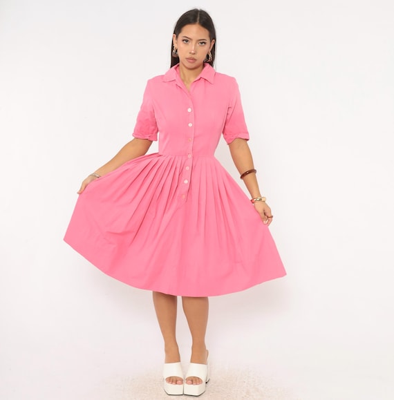 60s Pink Shirtdress Cotton Pleated Skirt Short Sleeve Button Front Fit Flare Fitted Bubblegum Day Dress Rockabilly Pin Up Vintage Small S