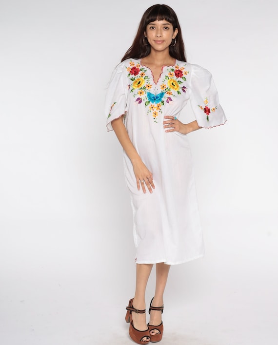 Mexican Dress Floral EMBROIDERED Midi White Dress Hippie Boho Puff Sleeve Tent Bohemian Floral Cotton Tunic Traditional Summer Dress Medium