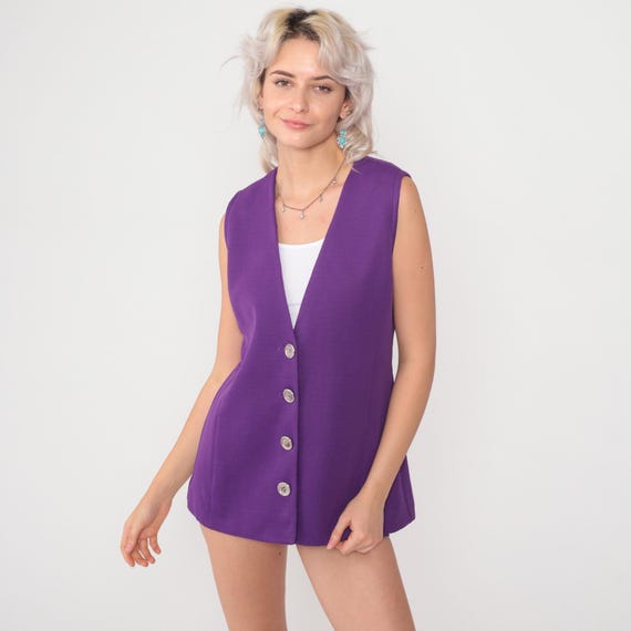 70s Purple Vest Button Front Sleeveless V Neck Waistcoat Textured Knit  Vintage Layering Top Relaxed Fit Violet Preppy Style Medium M
