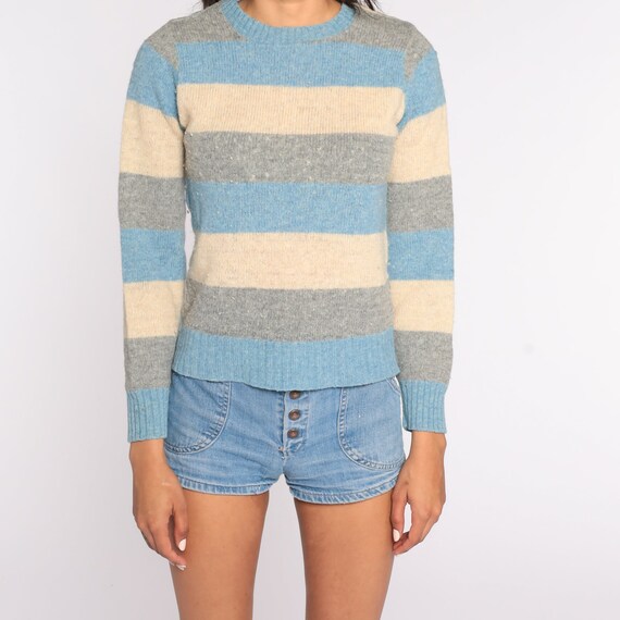 Wool Striped Sweater 80s Knit Tan Grey Blue Sweat… - image 5