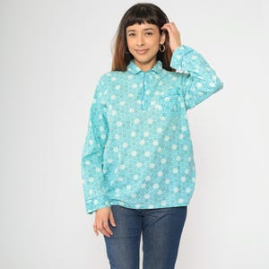 Vintage 70s Pajama Shirt Blue Geometric Mandala Print Button Up Sleep Shirt Long Sleeve PJ Shirt Lounge Sleepwear 1970s Medium