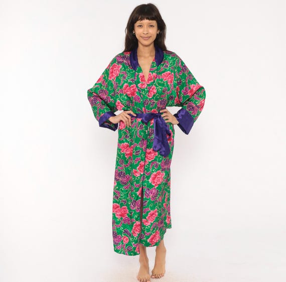 Green Floral Robe 90s Victoria's Secret Kimono Duster Pink Peony Purple Satin Trim Tie Waist Wrap Housecoat Coverup Medium Large M L