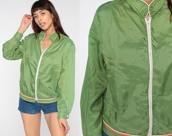 Green Windbreaker Jacket -- 70s Jacket Nylon Zip Up Plain Retro Jacket Vintage1970s Lightweight Thin Shell Jacket Small