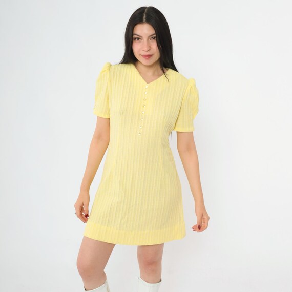 60s Mod Mini Dress Yellow Puff Sleeve Dress Ribbed Knit Bohemian Hippie Shift Dress Vintage Gogo Boho Twiggy Short Sleeve Small Medium