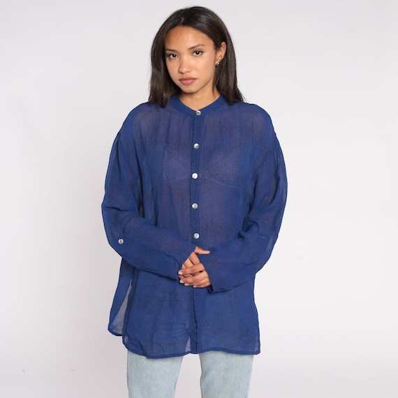 Sheer Blue Top 00s Shirt Snakeskin Print Dot Blouse Y2K Shirt Long Sleeve Button Up See Through Vintage Oversized Extra Small xs 2