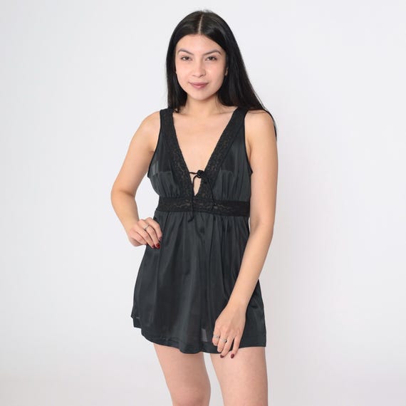 Vintage 70s Black Lace Babydoll Nightgown Deep V Neck Empire Waist Sheer Lingerie Sleepwear Nightie Sexy Mini Nylon Slip Dress Medium M