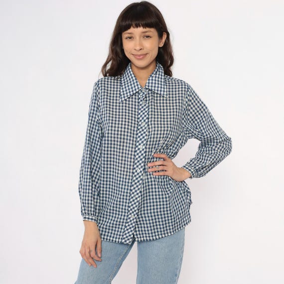 Navy Blue Gingham Shirt 80s White Check Peter Pan Collar Preppy Vintage Lane Bryant Checkered Blouse Top Plus Size Extra Extra Large XXL