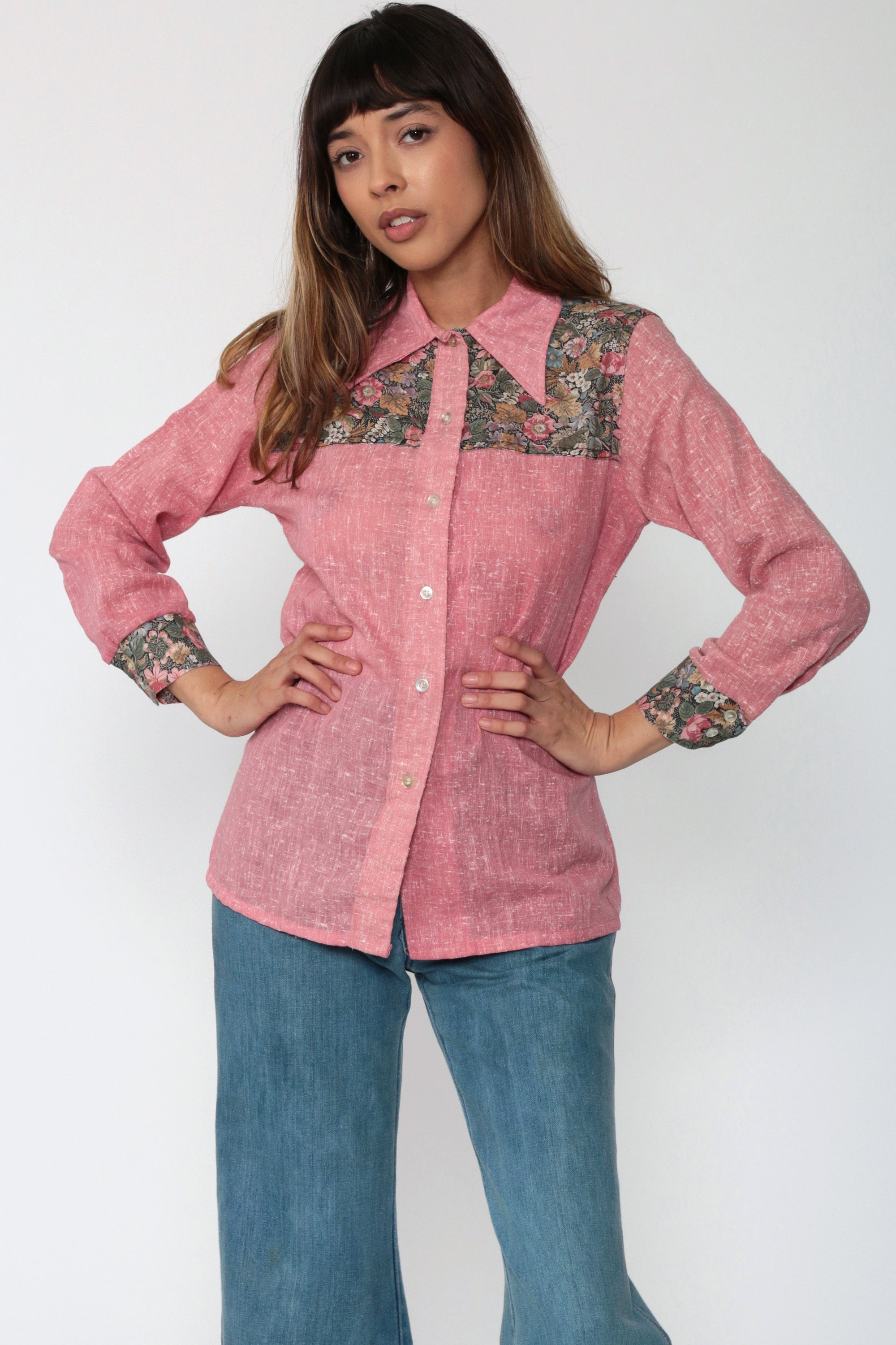 Floral Western Blouse Pink Button Up Shirt 70s Disco Hippie Boho Vintage 1970s Bohemian Long 