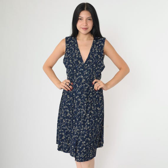 Vintage Floral Jumper Dress 90s Navy Blue Sun Dress Button up Pinafore V Neck Wildflower Summer Sleeveless Sundress 1990s Small 4 Petite