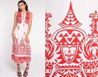 70s Maxi Dress Hindu God Print 1970s Boho V Neck Party Dress Red White Novelty Print Long Empire Waist Vintage Sleeveless Bohemian Medium