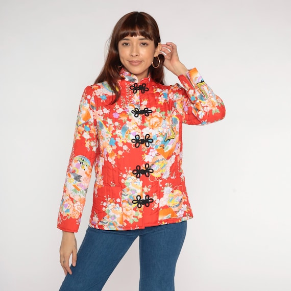 Red Chinese Jacket 80s QUILTED Floral Print Asian Jacket Bohemian Frog Closure Vintage Boho Hippie 1980s Medium M