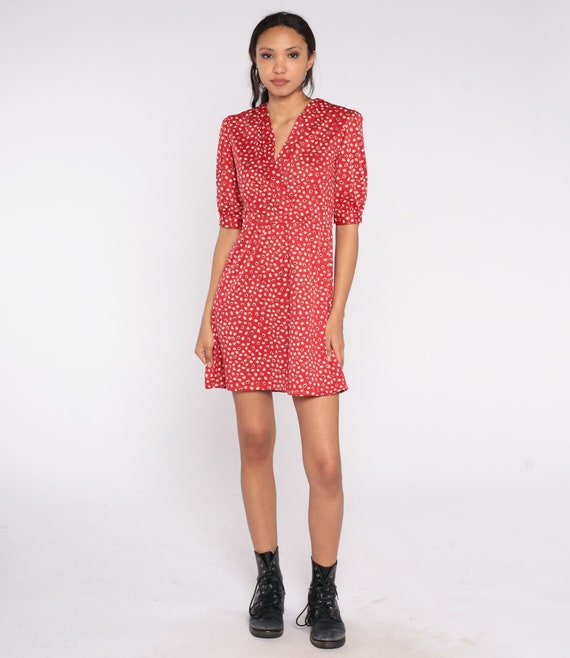 70s Red Mini Dress Abstract Dot Print Dress Retro… - image 4