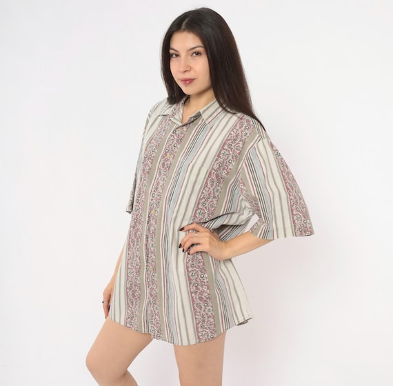 90s Striped Floral Shirt Cream Rust Cotton Short Sleeve Boxy Collared Print Mens Grunge Hippie Bohemian Summer Top Vintage Extra Large XL