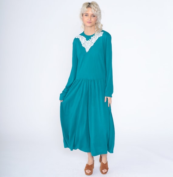 Vintage Teal Granny Dress 90s Floral Lace Applique Maxi Dress Long Sleeve Low Drop Waist Secretary Ankle Length Boho 1990s Extra Large xl