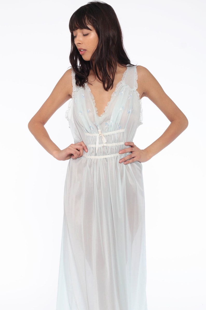 Sheer Nightgown Lingerie Baby Blue Slip Dress 70s Maxi Nightgown Deep V Neck Boho RUFFLE Empire Waist Vintage Bohemian Pastel Long Large