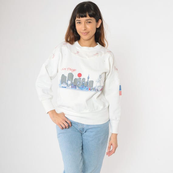 Vintage 80s San Diego Sweatshirt Nautical Cityscape Sailboat Glitter Paint Rhinestone Shoulders White USA Made Pullover Retro Medium