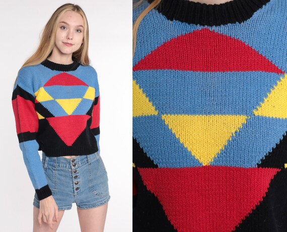 80s Cropped Sweater Color Block Sweater Red Blue Geometric - Etsy Hong Kong